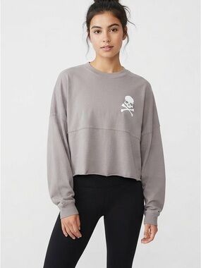 Washed Gray Skull Cropped Sweatshirt - Women